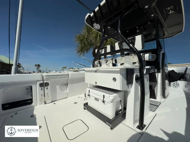 Slide: The Image of 2024 Blackfin 302 boat interior with seating and storage, showcased by Sovereign Yachts. - 37