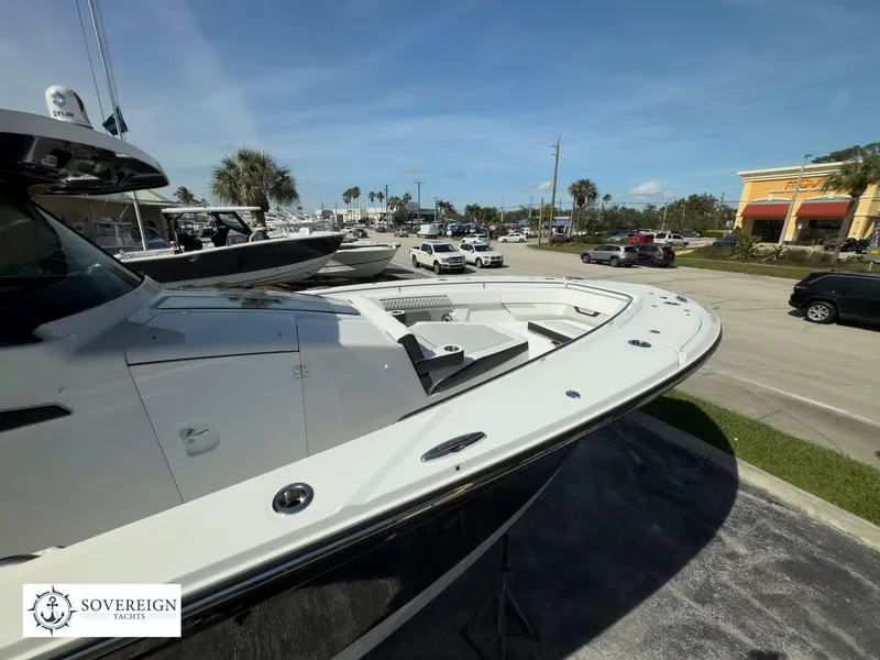 Slide: The Image of 2024 Blackfin 400 boat on display at Sovereign Yacht dealership. - 10