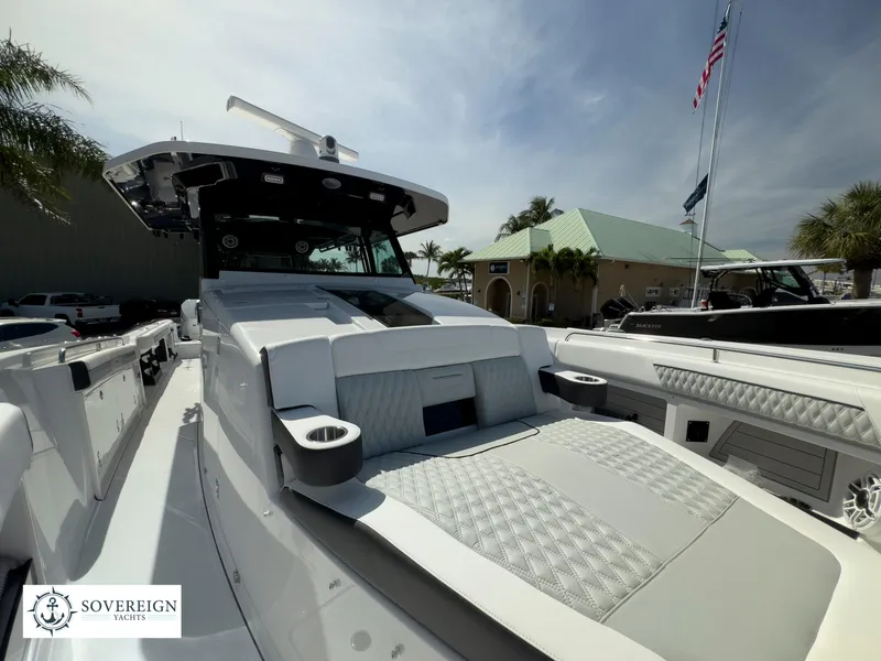 Slide: The Image of 2024 Blackfin 400 boat with luxurious seating and modern design at Sovereign Yachts. - 25