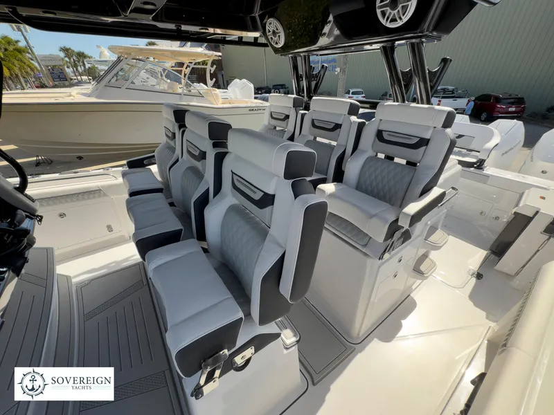 Slide: The Image of 2024 Blackfin 400 boat interior with luxurious seating and modern design. - 31