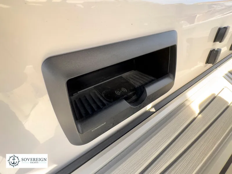 Slide: The Image of 2024 Blackfin 400 boat exterior detail with Sovereign Yachts logo. - 40