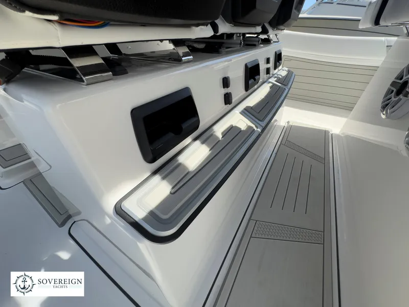 Slide: The Image of 2024 Blackfin 400 boat interior with modern design and Sovereign Yachts logo. - 41