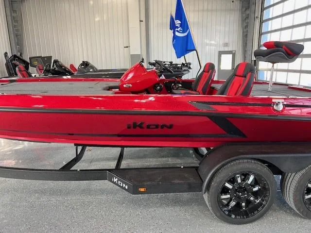 Slide: The Image of 2024 iKon LX20 red fishing boat on trailer in showroom. - 5