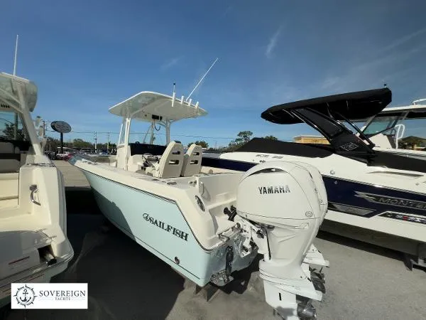 Slide: The Image of 2024 Sailfish 242 CC boat with Yamaha engine displayed at Sovereign Yachts. - 21