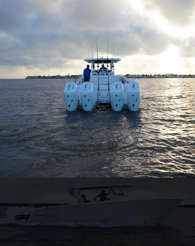 Slide: The Image of 2025 Twin Vee 400 GFX boat on water at sunset. - 3