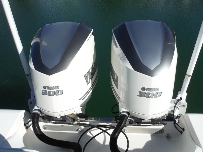 Slide: The Image of Twin Yamaha 300 outboard engines on a 2020 Blackwood 270 Open Center Console boat. - 14