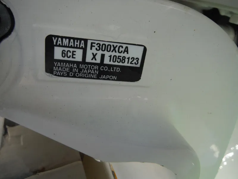Slide: The Image of Yamaha F300XCA engine label on a 2020 Blackwood 270 Open Center Console boat. - 26