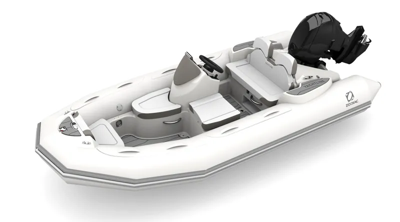 Slide: The Image of 2024 Zodiac Yachline 400 inflatable boat with outboard motor, white and grey design. - 3