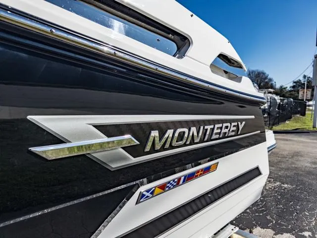 Slide: The Image of 2024 Monterey 258 SS boat with sleek design and nautical flags. - 6