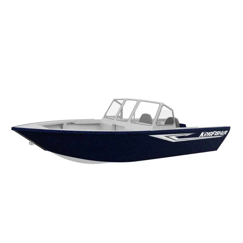Slide: The Image of 2024 KingFisher 1825 Warrior Sport boat, side view, blue and white design. - 1