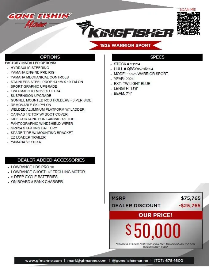 Slide: The Image of 2024 KingFisher 1825 Warrior Sport boat features, options, and pricing details. - 4