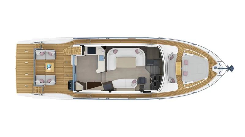 Slide: The Image of Top view of 2027 Absolute 53 Navetta yacht layout, featuring spacious deck and seating areas. - 17