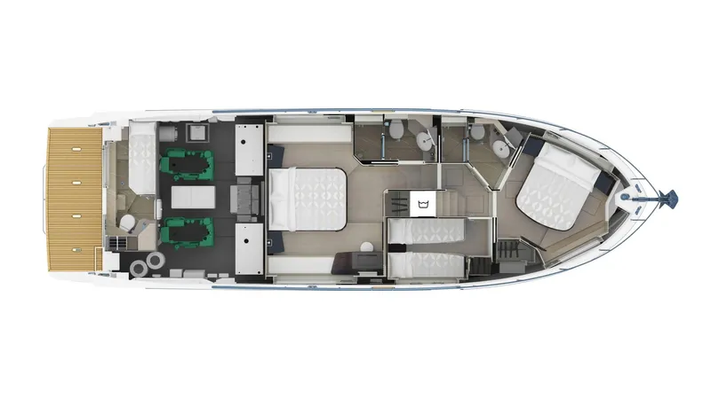 Slide: The Image of Top view of 2027 Absolute 53 Navetta yacht layout, showcasing interior design and cabin arrangement. - 18