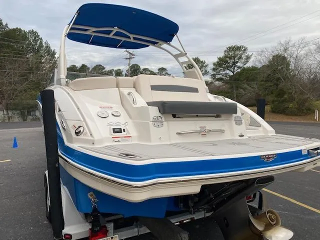 Slide: The Image of 2018 Chaparral 224 Sunesta boat with blue and white exterior, rear view. - 10