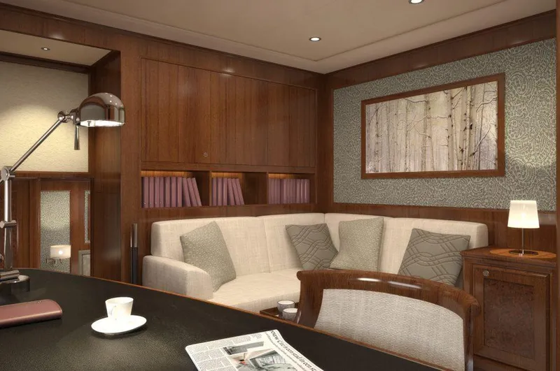 Slide: The Image of Luxurious interior of 2026 Selene 72 Ocean Explorer yacht with elegant wood paneling and cozy seating. - 12