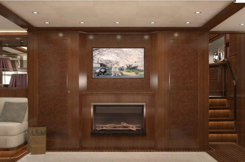 Slide: The Image of Luxurious interior of 2026 Selene 72 Ocean Explorer yacht with wood paneling and modern fireplace. - 17