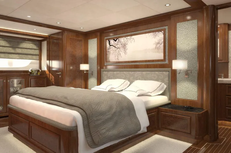 Slide: The Image of Luxurious bedroom interior of 2026 Selene 72 Ocean Explorer yacht, featuring elegant wood finishes. - 18