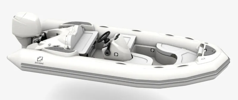 Slide: The Image of 2024 Zodiac Yachtline 440 inflatable boat with outboard motor, white and grey design. - 6