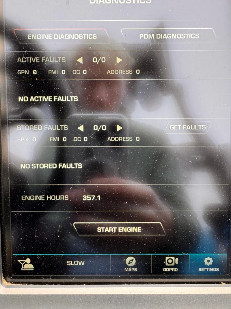 Slide: The Image of 2021 Supra SR engine diagnostics screen showing no active or stored faults, 357.1 engine hours. - 20
