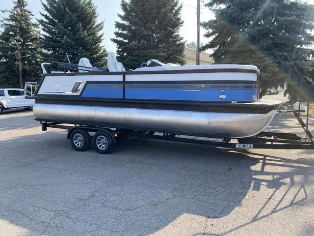 Slide: The Image of 2022 Viaggio D23Q pontoon boat on a trailer in a parking lot. - 3