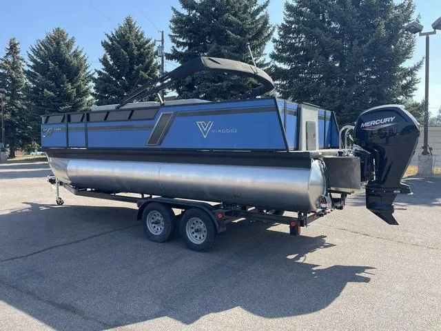 Slide: The Image of 2023 Viaggio L20F pontoon boat with Mercury outboard motor on trailer. - 6