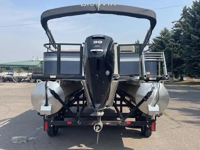 Slide: The Image of 2023 Viaggio DM18F pontoon boat with Mercury 90 engine, rear view. - 5