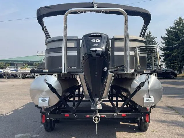 Slide: The Image of 2023 Viaggio DM18U pontoon boat with Mercury 90 HP engine, rear view. - 5