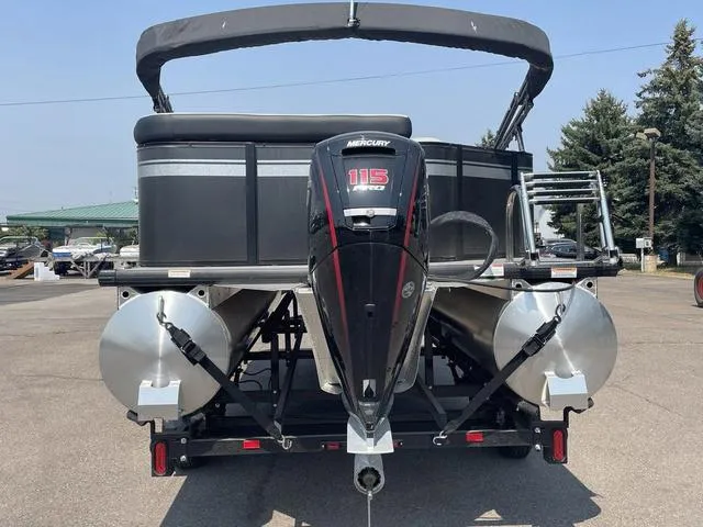 Slide: The Image of 2023 Viaggio L20C pontoon boat with Mercury 115 outboard motor, rear view. - 5