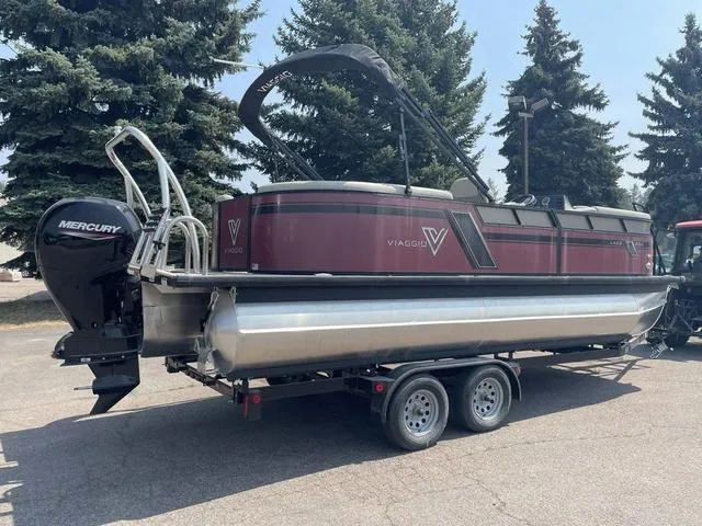 Slide: The Image of 2023 Viaggio l20u pontoon boat on trailer with Mercury outboard motor. - 3