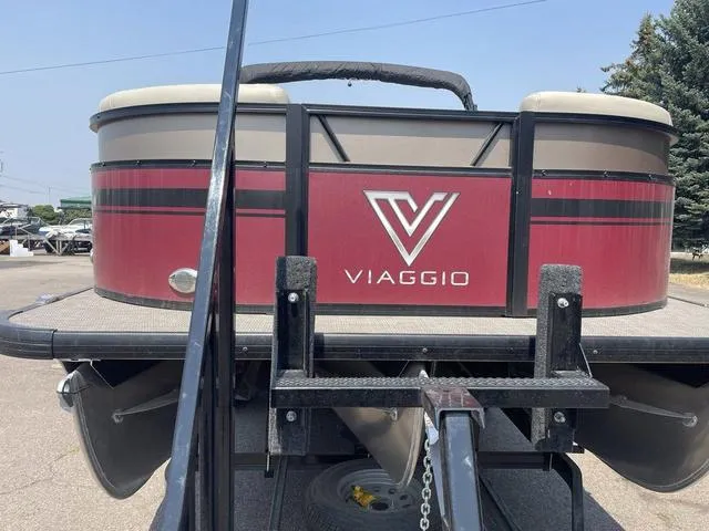 Slide: The Image of 2023 Viaggio l20u pontoon boat, rear view, red and beige color scheme. - 8