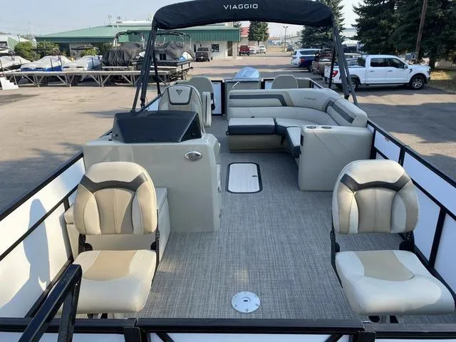 Slide: The Image of 2023 Viaggio LAGO 22F pontoon boat with spacious seating and modern design. - 7