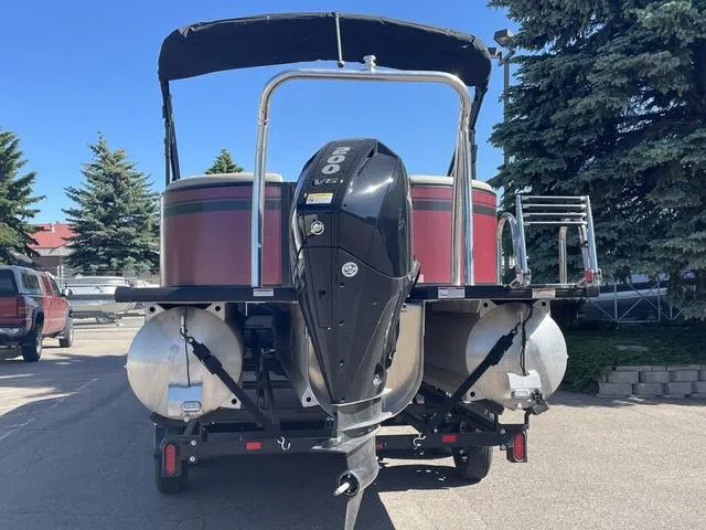 Slide: The Image of 2023 Viaggio L22T pontoon boat with 150 HP outboard motor, rear view. - 3