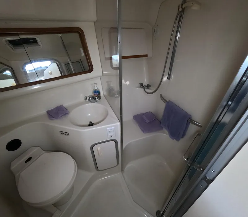 Slide: The Image of 1995 Sea Ray 370 Sundancer bathroom with sink, toilet, and shower. - 8