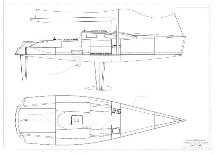 Slide: The Image of Blueprint of a 2007 Custom Hallett 33 sailboat, side and top views. - 26