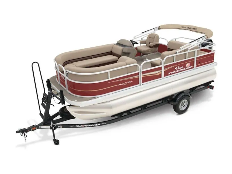 Slide: The Image of 2024 Sun Tracker PARTY BARGE® 18 DLX pontoon boat on trailer, red and beige design. - 3
