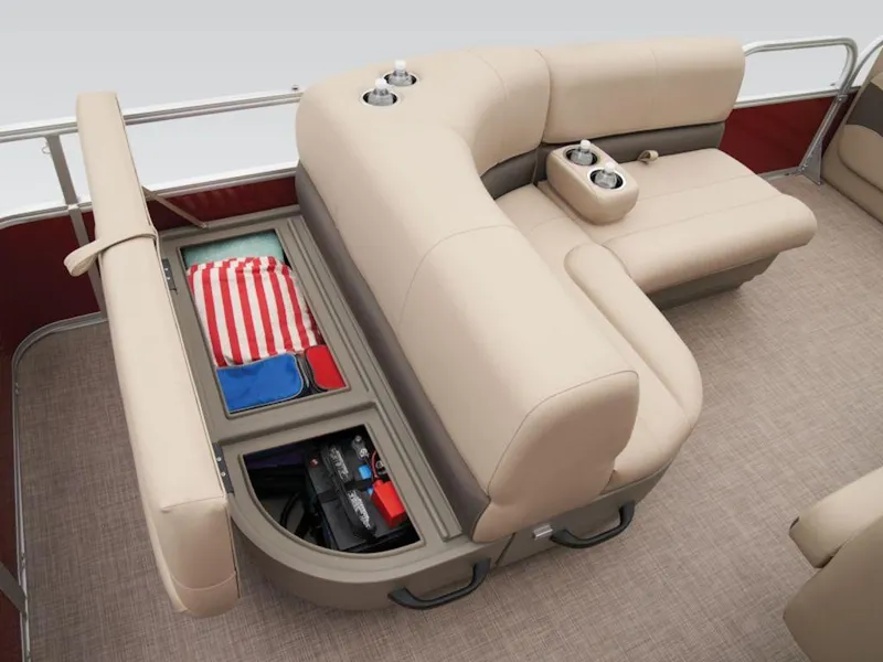Slide: The Image of 2024 Sun Tracker PARTY BARGE® 18 DLX interior with storage and seating. - 4