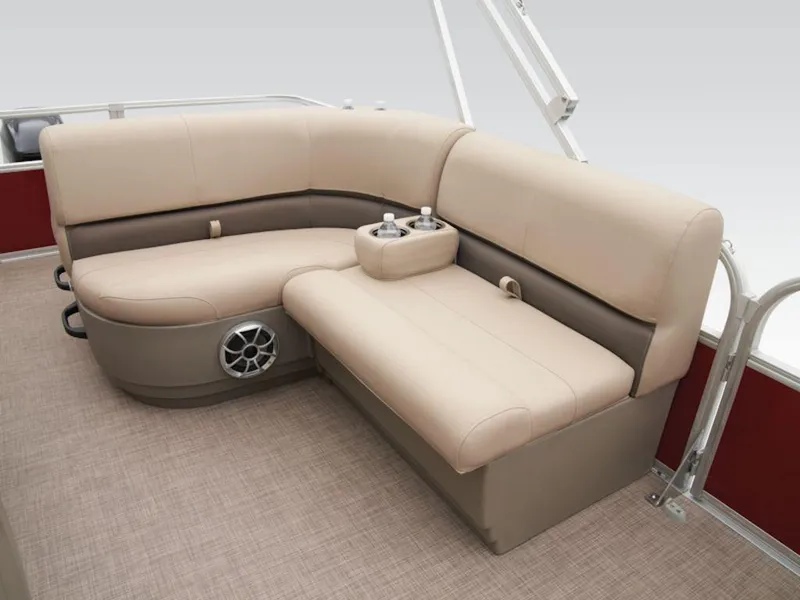 Slide: The Image of 2024 Sun Tracker PARTY BARGE® 18 DLX interior seating with cup holders and speaker. - 8