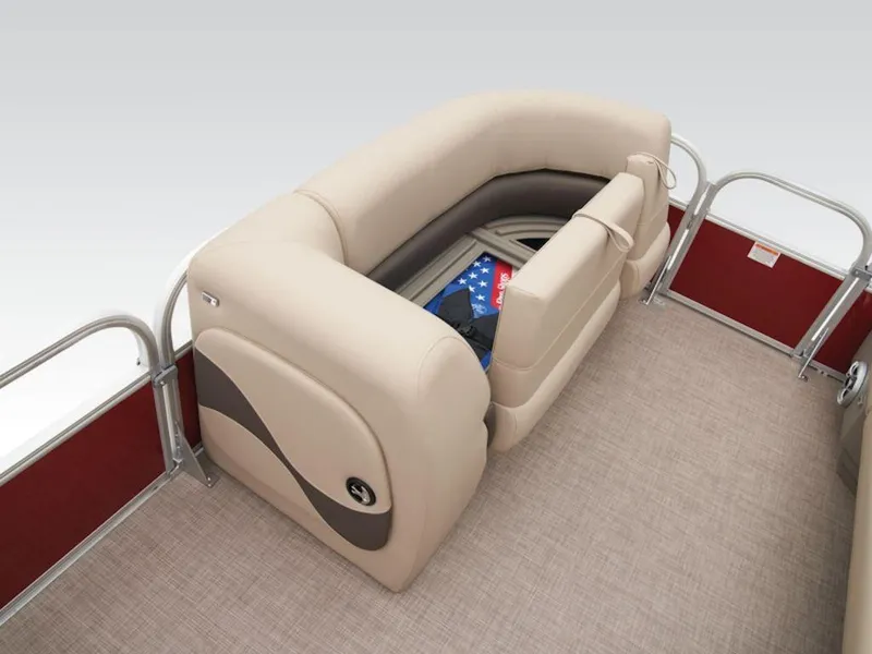 Slide: The Image of 2024 Sun Tracker PARTY BARGE® 18 DLX interior seating with storage compartment. - 9