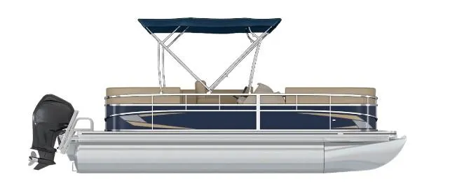 Slide: The Image of 2024 Starcraft LX 18 R pontoon boat with blue canopy and outboard motor. - 17