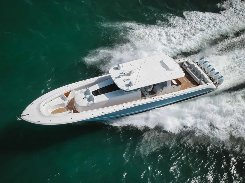 Slide: The Image of Aerial view of 2022 HCB 65 Estrella luxury yacht cruising on the ocean. - 26