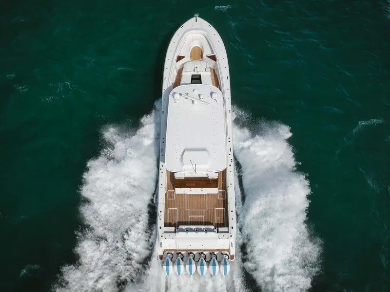 Slide: The Image of Aerial view of 2022 HCB 65 Estrella luxury yacht cruising on the ocean. - 28