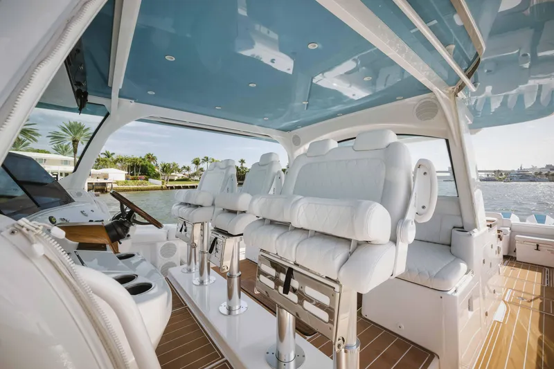 Slide: The Image of Interior of 2022 HCB 65 Estrella luxury yacht with white leather seating and modern design. - 40