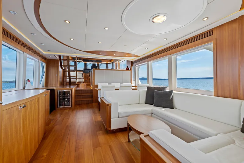 Slide: The Image of Luxurious interior of 2026 Selene 60 Ocean Explorer yacht with elegant wood finishes and ocean views. - 7