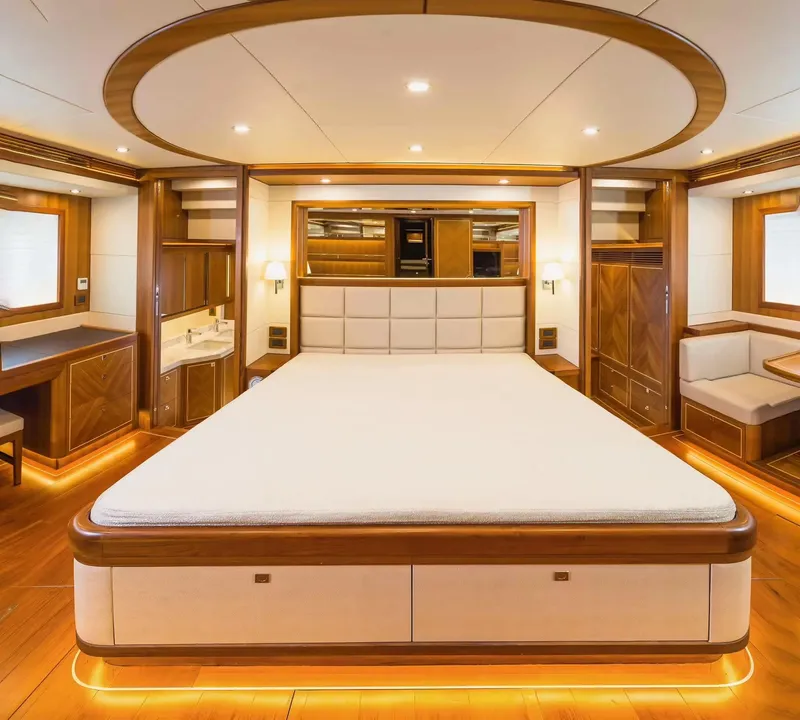 Slide: The Image of Luxurious master bedroom on 2026 Selene 60 Ocean Explorer yacht, featuring elegant wood finishes. - 8