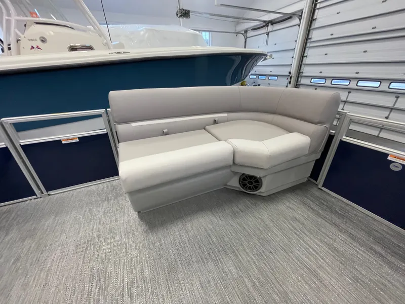 Slide: The Image of 2024 Godfrey Xperience 1880 FX boat interior with gray seating. - 14