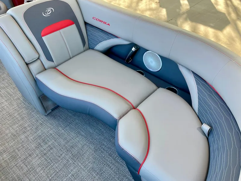 Slide: The Image of 2024 Barletta CORSA 23UCA boat interior with grey and red seating. - 32