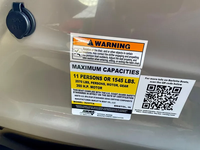 Slide: The Image of 2024 Barletta CORSA 23UCA maximum capacities and warning label - 47