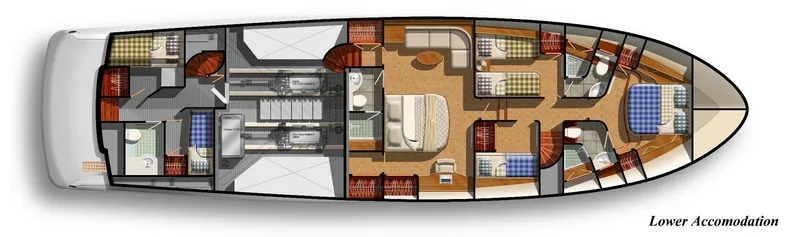 Slide: The Image of Lower deck layout of 2026 Selene 72 Classic Explorer yacht, featuring multiple cabins and amenities. - 24