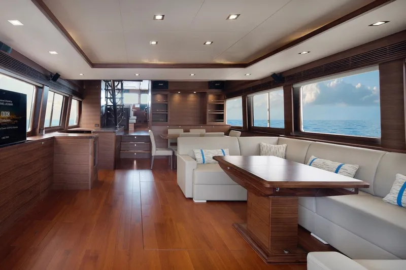 Slide: The Image of Luxurious interior of 2026 Selene 72 Classic Explorer yacht with elegant wood finishes. - 8