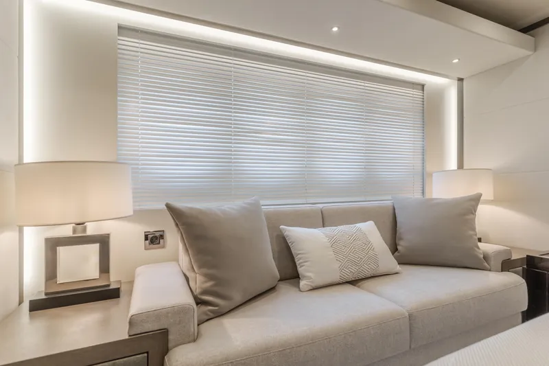 Slide: The Image of Luxurious interior of 2016 Van der Valk 78 Flybridge Motor Yacht with modern sofa and lamps. - 44